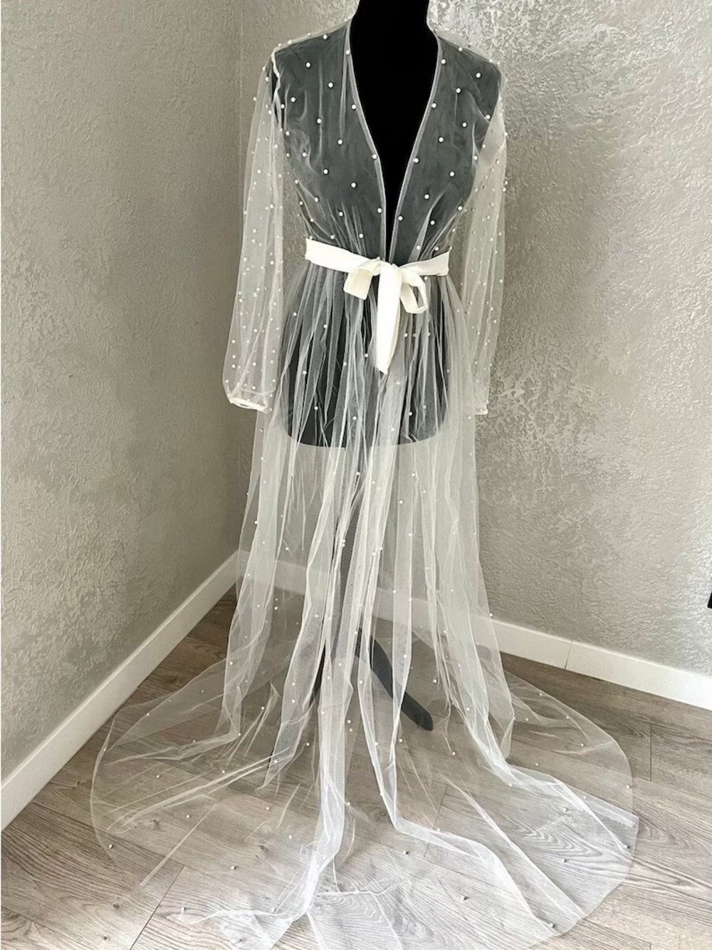 Sheer Pearl-Embellished Tulle Robe with Satin Tie - White
